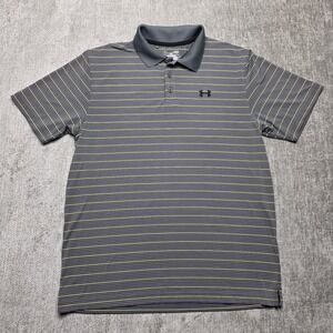 Under Armour Polo Shirt Large Heatgear Gray Neon Yellow Striped Performance Mens
